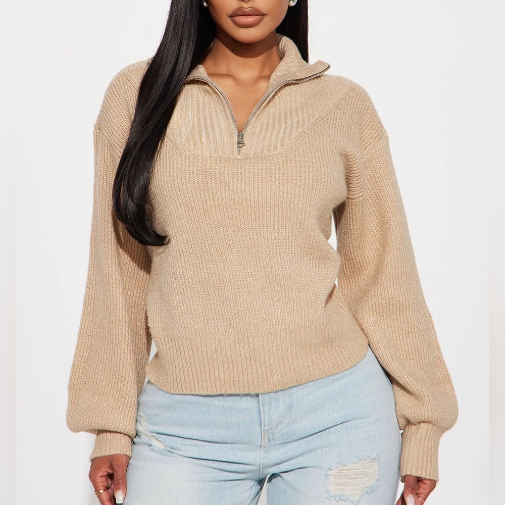 Women's Tan Khaki Half-Zip Sweater Long Sleeves Pullover Knitted size small
